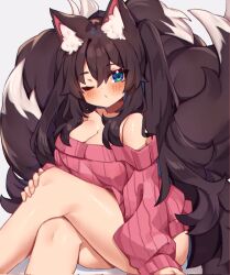 Rule 34 | 1girl, animal ears, aridonall, blue eyes, blush, breasts, brown hair, cleavage, commission, criss-cross, female focus, fox ears, fox girl, highres, kitsune, long hair, medium breasts, multiple tails, no pants, off-shoulder, one eye closed, oversized clothes, pink sweater, plushmallow, sitting, solo, solo focus, sweater, tail, twintails, very long hair, wavy hair, wink