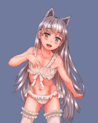 Rule 34 | 1girl, animal ears, aqua eyes, bad id, bad pixiv id, blue background, blush, collarbone, cowboy shot, ewokaku kitsune, extra ears, eyebrows, eyelashes, fangs, flat chest, frilled panties, frilled thighhighs, frills, gluteal fold, gradient eyes, hand up, highres, long hair, looking at viewer, multicolored eyes, navel, open mouth, original, panties, shiny skin, silver hair, simple background, solo, thighhighs, tongue, underwear, underwear only, very long hair