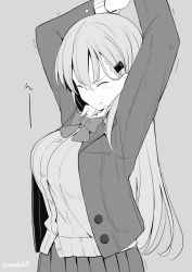 Rule 34 | 10s, 1girl, 3:, blush, breasts, cardigan, closed mouth, commentary request, greyscale, hair between eyes, hair ornament, hairclip, jacket, kantai collection, kichihachi, large breasts, long hair, monochrome, open clothes, open jacket, pleated skirt, simple background, skirt, solo, stretching, suzuya (kancolle), twitter username, upper body
