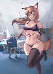 Rule 34 | 3girls, animal ears, arknights, bad arm, bare shoulders, berylmini, black bra, black footwear, black gloves, black legwear, black panties, blood, blood on face, blue jacket, bra, breasts, brown hair, chinese commentary, cleavage, commentary request, drone, foot out of frame, fox ears, fox tail, franka (arknights), from behind, gloves, grin, high heels, highres, holding, holding sword, holding weapon, horns, jacket, jessica (arknights), liskarm (arknights), long hair, looking at viewer, medium breasts, multiple girls, navel, outdoors, panties, parted lips, red eyes, silver hair, smile, standing, standing on one leg, stomach, sword, tail, thighhighs, thighs, underwear, underwear only, weapon