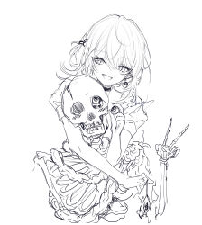 Rule 34 | 1girl, :d, choker, commentary, highres, holding, looking at viewer, monochrome, open mouth, original, puffy short sleeves, puffy sleeves, sheya, short sleeves, simple background, skeleton, sketch, smile, solo, v, white background