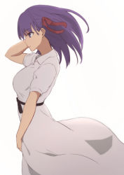 Rule 34 | 1girl, arm behind head, bad id, bad pixiv id, breasts, dress, fate/stay night, fate (series), hair ribbon, highres, matou sakura, official alternate costume, purple eyes, purple hair, ribbon, short hair, simple background, solo, sonri, white background, white dress