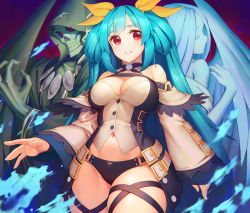 Rule 34 | 1boy, 2girls, angel wings, asymmetrical wings, bare shoulders, black panties, blue fire, blue hair, blue skin, blush, bow, breasts, choker, cleavage, collarbone, colored skin, commentary, cowboy shot, detached sleeves, dizzy (guilty gear), fire, glowing, glowing eyes, green robe, guilty gear, guilty gear xrd, hair ribbon, hood, hood up, large breasts, long hair, long sleeves, midriff, monster girl, multiple girls, navel, necro (guilty gear), open mouth, panties, red background, red eyes, ribbon, robe, rotix, skull, tail, teeth, thick thighs, thigh strap, thighs, twintails, underwear, undine (guilty gear), wide sleeves, wings, yellow ribbon