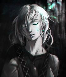 Rule 34 | 1girl, asuzemu, bad id, bad pixiv id, breasts, chromatic aberration, crying, earrings, eyelashes, closed eyes, greyscale, hair between eyes, jewelry, light, lips, mizuhashi parsee, monochrome, neck, nose, parted lips, pointy ears, short hair, single tear, solo, sparkle, spot color, streaming tears, tears, touhou, upper body
