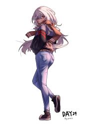 Rule 34 | 1girl, absurdres, alternate costume, animal print, arknights, ass, belt, bird print, black footwear, black jacket, blush, commentary request, dated, denim, gaoling gangqin, grey eyes, grey jacket, hands in pockets, highres, jacket, jeans, long hair, looking at viewer, looking back, mulberry (arknights), multicolored clothes, multicolored jacket, pants, red scarf, scarf, shoes, sneakers, solo, standing, standing on one leg, two-tone jacket, very long hair, white hair