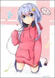 Rule 34 | 1girl, alternate costume, beamed sixteenth notes, black border, blue eyes, blue thighhighs, border, crescent, crescent hair ornament, digital media player, drawstring, eighth note, hair ornament, headphones, headphones around neck, hood, hood down, hoodie, kantai collection, looking at viewer, musical note, over-kneehighs, pink hoodie, purple hair, quarter note, romaji text, short hair, short hair with long locks, solo, sou (soutennkouchi), thighhighs, yayoi (kancolle)