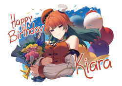 1girl absurdres balloon beret bird blue_flower blue_sky bouquet breasts character_name chef_hat chicken choker confetti cropped_torso detached_sleeves erezu feathers floating_hair flower gradient_hair green_hair happy_birthday hat highres holding holding_bouquet hololive hololive_english long_hair looking_at_viewer medium_breasts mini_hat multicolored_hair orange_hair orange_vest parted_lips pink_flower purple_eyes rose sky solo takanashi_kiara takanashi_kiara_(1st_costume) two-tone_hair upper_body vest virtual_youtuber white_background yellow_flower yellow_rose