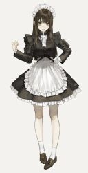 Rule 34 | 1girl, angry, apron, black dress, brown eyes, dress, frills, full body, highres, loafers, long sleeves, maid, maid apron, maid headdress, middle finger, original, puffy sleeves, sakauchi waka, shoes, socks, solo, standing, straight hair, white background