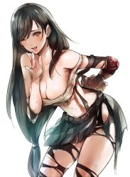 Rule 34 | 1girl, absurdres, bare shoulders, bent over, bike shorts, black hair, black skirt, black thighhighs, blush, breasts, cleavage, detached sleeves, earrings, final fantasy, final fantasy vii, final fantasy vii remake, gloves, highres, jewelry, large breasts, long hair, low-tied long hair, midriff, one eye closed, open mouth, red eyes, red gloves, shoji sakura, short shorts, shorts, skirt, solo, square enix, suspender skirt, suspenders, tank top, thighhighs, tifa lockhart, torn bike shorts, torn clothes, torn shorts, white background