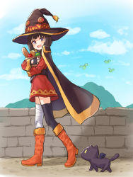 Rule 34 | 1girl, :d, apple, bag, bandaged leg, bandages, belt, black cape, black headwear, black thighhighs, blush, boots, bread, brick wall, brown footwear, brown hair, cabbage, cape, chomusuke, commentary request, day, dress, fingerless gloves, food, fruit, gloves, hat, holding, holding bag, holding food, kono subarashii sekai ni shukufuku wo!, large belt, looking at viewer, megumin, open mouth, outdoors, pensuke, red dress, red eyes, short hair, single thighhigh, smile, thighhighs, wings, witch hat