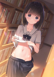 Rule 34 | 1girl, black eyes, black hair, blunt bangs, blush, bookshelf, bow, bowtie, closed mouth, clothes lift, collarbone, commentary request, dutch angle, groin, indoors, library, lifted by self, looking at viewer, midriff, mignon, navel, nervous smile, no panties, open clothes, open skirt, original, pleated skirt, school uniform, shirt lift, short hair, short sleeves, skirt, smile, solo, standing, stomach, striped bow, striped bowtie, striped clothes, striped neckwear, undressing