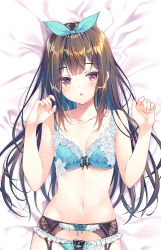 Rule 34 | 1girl, bad id, bad pixiv id, bare arms, bare shoulders, bed sheet, blue bra, blue panties, blush, bra, breasts, brown hair, cleavage, collarbone, frills, garter belt, hair ribbon, hands up, lace trim, lingerie, long hair, looking at viewer, lying, medium breasts, miwabe sakura, navel, on back, original, panties, parted lips, red eyes, ribbon, sidelocks, simple background, solo, stomach, underwear, underwear only, white background