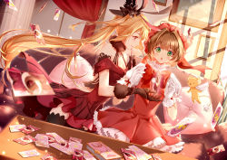 Rule 34 | 2girls, antenna hair, black legwear, blonde hair, blurry, blurry foreground, blush, bow, brown gloves, brown hair, card, cardcaptor sakura, character request, cherry blossoms, chestnut mouth, clouble, clow card, commentary request, couch, creature, crescent, crossover, curtains, depth of field, dress, dutch angle, forever 7th capital, fur-trimmed gloves, fur trim, gloves, green eyes, hair between eyes, hair intakes, hat, highres, holding, holding card, indoors, kero (cardcaptor sakura), kinomoto sakura, long hair, multiple girls, on couch, parted lips, picture frame, pillow, pleated dress, profile, puffy short sleeves, puffy sleeves, red dress, red eyes, red headwear, shirt, short sleeves, sleeveless, sleeveless dress, sunlight, sunset, table, teeth, thighhighs, upper teeth only, very long hair, white bow, white gloves, white shirt
