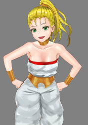 Rule 34 | 1girl, absurdres, blonde hair, breasts, choker, chrono trigger, clenched hands, gario zephyr, green eyes, hands on own hips, highres, jewelry, long hair, looking at viewer, marle (chrono trigger), open mouth, ponytail, simple background, smile, solo