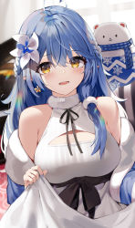Rule 34 | 1girl, :d, ahoge, bare shoulders, black bow, blue hair, blush, bow, breasts, cleavage, cleavage cutout, clothing cutout, dress, elf, flower, fur trim, hair flower, hair ornament, half updo, heart, heart ahoge, highres, hololive, indoors, long hair, long sleeves, looking at viewer, medium breasts, niii (memstapak), off shoulder, open clothes, open mouth, pointy ears, smile, solo, stuffed polar bear, upper body, very long hair, virtual youtuber, white dress, white flower, yellow eyes, yukihana lamy
