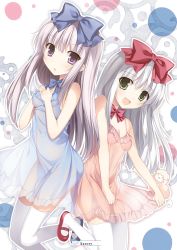 Rule 34 | 10s, 2girls, :d, airi (alice or alice), alice or alice, artist name, blue bow, blue dress, blue footwear, blue neckwear, bow, bowtie, breasts, cleavage, dress, floating hair, green eyes, hair between eyes, hair bow, highres, karory, leg up, long hair, mary janes, multiple girls, open mouth, pink dress, purple eyes, red bow, red footwear, red neckwear, rise (alice or alice), see-through, see-through silhouette, shoes, short dress, siblings, silver hair, sisters, sleeveless, sleeveless dress, small breasts, smile, standing, standing on one leg, thighhighs, twins, very long hair, white legwear
