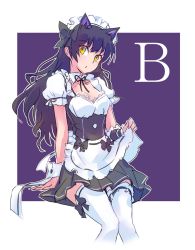 Rule 34 | 1girl, alternate costume, animal ears, apron, black bow, black dress, black hair, black ribbon, blake belladonna, blush, bow, bowtie, breasts, cat ears, cat girl, cleavage, collarbone, detached collar, dress, enmaided, extra ears, facing viewer, faunus (rwby), frilled apron, frills, hair bow, hair ornament, hair ribbon, highres, holding, holding apron, iesupa, long hair, looking at viewer, maid, maid apron, maid headdress, medium breasts, parted lips, pleated skirt, puffy short sleeves, puffy sleeves, purple background, ribbon, rwby, short sleeves, sitting, skirt, solo, thighhighs, waist apron, white apron, white dress, white thighhighs, wrist cuffs, yellow eyes