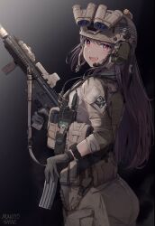 Rule 34 | 1girl, american flag, artist name, ass, assault rifle, black background, black gloves, camouflage, chest rig, combat helmet, desert camouflage, gloves, gun, h&amp;k hk416, helmet, highres, jacket, jolly roger, long hair, looking at viewer, makiyo shine, military uniform, optical sight, original, pants, patch, pink eyes, pink hair, reloading, rifle, seal team six, sleeves rolled up, smile, solo, uniform, united states navy, vertical foregrip, watch, weapon, wristwatch, yellow headwear, yellow jacket, yellow pants