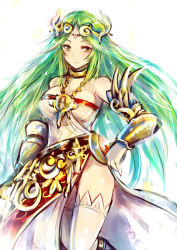 Rule 34 | 1girl, armor, bare shoulders, breasts, circlet, gloves, green eyes, green hair, jewelry, kara (color), kid icarus, kid icarus uprising, long hair, looking at viewer, lots of jewelry, matching hair/eyes, medium breasts, necklace, nintendo, palutena, sketch, smile, solo, thighhighs, vambraces, white background, white gloves, white thighhighs, zettai ryouiki