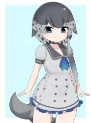 Rule 34 | 1girl, ascot, black bow, blue ascot, blue background, blue eyes, blush, bow, breasts, cetacean tail, closed mouth, commentary request, cowboy shot, dress, fins, fish tail, frilled dress, frills, grey dress, grey hair, grey sailor collar, hair bow, heart, highres, kemono friends, lets0020, looking at viewer, medium bangs, narwhal (kemono friends), puffy short sleeves, puffy sleeves, sailor collar, sailor dress, short dress, short sleeves, simple background, single sidelock, small breasts, smile, solo, spotted hair, tail, two-tone background, white background