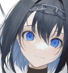 Rule 34 | 1girl, black hair, blue eyes, blue hair, chain, colored inner hair, eyebrows hidden by hair, head tilt, highres, hololive, hololive english, light smile, looking at viewer, mile (mil2), multicolored hair, ouro kronii, portrait, short hair, simple background, solo, virtual youtuber, white background