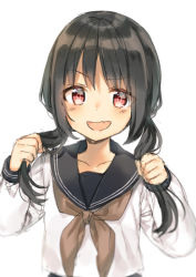 Rule 34 | 1girl, :d, black hair, blush, brown neckerchief, collarbone, commentary request, fang, head tilt, holding, holding own hair, long sleeves, looking at viewer, low twintails, midorikawa you, neckerchief, open mouth, original, red eyes, school uniform, serafuku, shirt, simple background, smile, smug, solo, twintails, upper body, v-shaped eyebrows, white background, white shirt