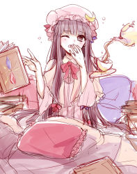 Rule 34 | 1girl, bad id, bad pixiv id, blanket, blunt bangs, book, book stack, capelet, covering privates, covering crotch, crescent, crescent moon, cup, double bun, dress, floating, floating book, floating object, hair bun, hat, hat ornament, long hair, looking to the side, mob cap, moon, one eye closed, open book, open mouth, patchouli knowledge, pillow, purple dress, purple eyes, purple hair, sitting, sketch, sleepy, solo, striped, teacup, touhou, vertical stripes, very long hair, yawning, yuli (yulipo)