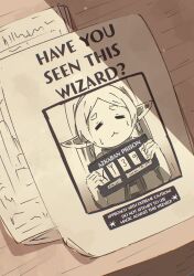 Rule 34 | 1girl, = =, absurdres, crossover, elf, english text, frieren, harry potter (series), highres, holding, holding sign, kaai yuu, long hair, monochrome, pointy ears, poster (object), sign, solo, sousou no frieren, sweatdrop, wanted, wizarding world