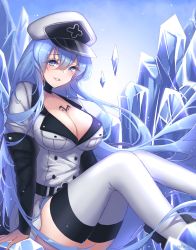 Rule 34 | 1girl, akame ga kill!, belt, blue eyes, blue hair, blush, boots, breasts, chest tattoo, choker, cleavage, commentary request, esdeath, hair between eyes, hat, highres, ice, large breasts, long hair, looking at viewer, military, military uniform, mole, mole under eye, open mouth, peaked cap, smile, solo, tattoo, thigh boots, thighhighs, tofu fufu, uniform, very long hair