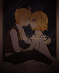Rule 34 | 1boy, 1girl, adolescence (vocaloid), bed, bed sheet, blonde hair, blue eyes, blush, brother and sister, camisole, closed eyes, face-to-face, frilled camisole, frills, hair ornament, hairclip, imminent kiss, incest, kagamine len, kagamine rin, kneeling, leaning forward, necktie, on bed, parted lips, sazanami (ripple1996), shirt, short hair, short ponytail, siblings, sitting, sleeveless blazer, song name, spaghetti strap, twincest, twins, untying, vocaloid, white camisole, window, yellow neckwear