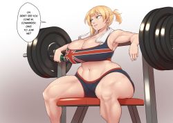 Rule 34 | 1girl, alternate body size, alternate breast size, barbell, better-with-salt, bike shorts, blonde hair, bottle, breasts, cleavage, curvy, english text, girls&#039; frontline, green eyes, huge breasts, muscular, muscular female, sitting, smile, solo, sportswear, sweat, thick thighs, thighs, water bottle, welrod mkii (girls&#039; frontline), wide hips