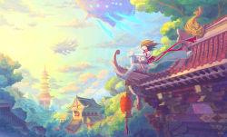 Rule 34 | 1girl, aircraft, bad id, bad pixiv id, blue eyes, brown hair, building, cloud, day, detached sleeves, dragon, fantasy, forest, hand on own knee, house, lantern, long sleeves, nature, open mouth, original, outdoors, pagoda, peahong, plant, ribbon, rooftop, short hair, sitting, thighhighs, tree, wind, wrist cuffs