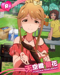Rule 34 | 10s, 2girls, amami haruka, brown eyes, brown hair, character name, cooking, food, grill, grilling, idolmaster, idolmaster (classic), idolmaster million live!, jewelry, long hair, multiple girls, necklace, official art, ponytail, shaded face, smile, tenkuubashi tomoka