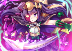 Rule 34 | 1girl, androgynous, armor, cape, circlet, gradient background, highres, horns, japanese clothes, katana, magatama, mask, purple eyes, purple hair, puzzle &amp; dragons, samoore, single horn, solo, sword, twintails, weapon, yomi (p&amp;d)