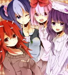 Rule 34 | 4girls, bad id, bad pixiv id, blue eyes, blue hair, flaky (happy tree friends), giggles (happy tree friends), happy tree friends, hat, jewelry, lammy (happy tree friends), long hair, multicolored hair, multiple girls, necklace, one eye closed, personification, petunia (happy tree friends), pink eyes, pink hair, purple eyes, purple hair, red eyes, red hair, ribbon, smile, sweater, tororo imo (asdf6789), wink