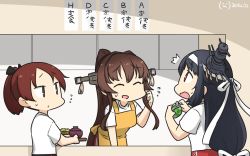 Rule 34 | ^^^, alternate costume, apron, black hair, black pants, bowl, brown hair, closed eyes, coin purse, commentary request, counter, dated, flying sweatdrops, food, fusou (kancolle), hair ornament, hamu koutarou, headband, headgear, highres, kantai collection, long hair, low-tied long hair, one-hour drawing challenge, pants, ponytail, red eyes, red pants, shikinami (kancolle), shirt, short hair, sign, t-shirt, track pants, translation request, yamato (kancolle), yellow apron