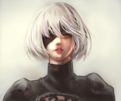 Rule 34 | 1girl, 2b (nier:automata), absurdres, black blindfold, black dress, blindfold, blue eyes, commentary request, dress, eyelashes, grey background, hair between eyes, highres, juliet sleeves, long sleeves, looking at viewer, nier:automata, nier (series), one eye covered, parted lips, puffy sleeves, red lips, short hair, silver hair, simple background, solo, turtleneck, turtleneck dress, upper body, yafura