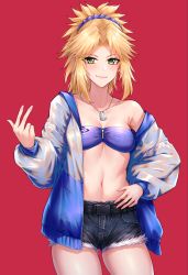 Rule 34 | 1girl, absurdres, alternate costume, alternate hair ornament, bad id, bad pixiv id, bandeau, bare shoulders, blonde hair, blue scrunchie, blush, braid, breasts, collarbone, commentary request, cowboy shot, denim, fate/grand order, fate (series), fur trim, green eyes, hair ornament, hair scrunchie, hand on own hip, highres, hua-j, jacket, jewelry, long hair, looking at viewer, medium breasts, mordred (fate), mordred (fate/apocrypha), navel, necklace, off shoulder, open clothes, parted bangs, ponytail, red background, scrunchie, short shorts, shorts, simple background, smile, solo, stomach, tagme