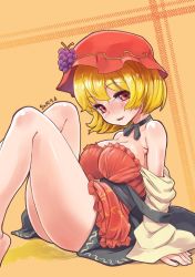Rule 34 | aki minoriko, armpits, artist request, blonde hair, blouse, blush, breasts, choker, cleavage, dress, food, fruit, grapes, head tilt, huge breasts, large breasts, open mouth, red dress, red eyes, red headwear, shirt, thick thighs, thighs, touhou, undressing, yellow background, yellow shirt