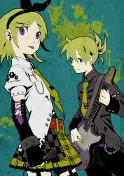 Rule 34 | 1boy, 1girl, bad id, bad pixiv id, blonde hair, blue eyes, brother and sister, guitar, instrument, kagamine len, kagamine rin, kotetsu (popeethe), microphone, siblings, skirt, thighhighs, tongue, twins, vocaloid