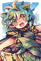 Rule 34 | 1girl, antennae, aqua hair, blush, brown eyes, butterfly wings, dress, eternity larva, fairy, green dress, highres, insect wings, leaf, leaf on head, mame komari, multicolored clothes, multicolored dress, one-hour drawing challenge, open mouth, outstretched arms, short hair, short sleeves, smile, solo, spread arms, touhou, wings