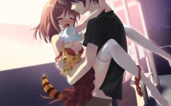 Rule 34 | 1boy, 1girl, blush, breasts, brown hair, closed eyes, clothed sex, cum, cum in pussy, flyable heart, game cg, held up, hetero, highres, hug, inaba yui, night, nipples, open mouth, outdoors, panties, panties around leg, raccoon tail, red panties, sex, short hair, small breasts, standing, tail, thighhighs, underwear, unisonshift, vaginal, white thighhighs