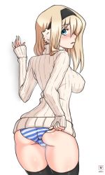 Rule 34 | artist name, ass, black hairband, black thighhighs, blonde hair, blue eyes, blue panties, blush, breasts, cameltoe, clothes grab, cowboy shot, earmuffs, from behind, hair between eyes, hairband, hand up, highres, impossible clothes, kawa-v, large breasts, long sleeves, looking at viewer, looking back, narrow waist, no pants, original, panties, ribbed sweater, simple background, sleeves past wrists, standing, striped clothes, striped panties, sweater, thighhighs, thighs, turning head, turtleneck, turtleneck sweater, underwear, white background, white panties, white sweater