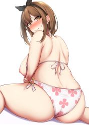 Rule 34 | 1girl, ass, atelier (series), atelier ryza, atelier ryza 1, back, bikini, bikini pull, blue ribbon, blush, breasts, breasts out, brown eyes, brown hair, closed mouth, clothes pull, floral print, hair ribbon, highres, kusahagane, large breasts, looking at viewer, looking back, nipples, plump, reisalin stout, ribbon, short hair, simple background, sitting, solo, swimsuit, thick thighs, thighs, wariza, white bikini