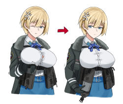 Rule 34 | 1girl, arrow (symbol), belt, black gloves, black jacket, blonde hair, blue belt, blue eyes, blue ribbon, blue skirt, breasts, buckle, button gap, collared shirt, commentary, cyka, english commentary, fur-trimmed jacket, fur trim, girls&#039; frontline, gloves, hair between eyes, hair ornament, highres, holding, holding magazine (weapon), inconvenient breasts, jacket, large breasts, long sleeves, looking down, magazine (weapon), mole, mole under eye, motion lines, neck ribbon, one eye closed, open clothes, open jacket, parted lips, ribbon, shirt, shirt tucked in, short hair, sidelocks, simple background, skirt, snap-fit buckle, snowflake hair ornament, standing, sweatdrop, underbust, upper body, vsk-94 (girls&#039; frontline), white background, white shirt