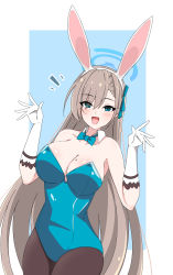 Rule 34 | 1girl, :d, animal ears, aqua bow, aqua bowtie, aqua eyes, aqua leotard, asuna (blue archive), asuna (bunny) (blue archive), blue archive, bow, bowtie, breasts, cleavage, collarbone, detached collar, fake animal ears, gloves, hair ribbon, halo, hand up, headband, highres, kuroha uma, large breasts, leotard, light brown hair, long hair, looking at viewer, mole, mole on breast, open mouth, pantyhose, parted bangs, playboy bunny, ribbon, shiny clothes, simple background, smile, solo, thighs, traditional bowtie, two-tone background, very long hair, white gloves, white headband