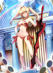Rule 34 | 1girl, ahoge, bikini, blonde hair, bracelet, breasts, cloud, contrapposto, day, earrings, fate/apocrypha, fate (series), from below, gluteal fold, green eyes, groin, hair intakes, hand on own hip, highres, jewelry, long hair, looking at viewer, looking down, navel, nero claudius (fate), nero claudius (fate) (all), nero claudius (swimsuit caster) (fate), pillar, rainbow, shigure s, side-tie bikini bottom, skindentation, sky, solo, standing, statue, swimsuit, sword, twintails, underboob, weapon