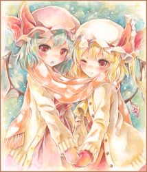 Rule 34 | 2girls, :o, ;), ascot, bad id, bad pixiv id, bat wings, blonde hair, blue background, blue hair, blush, cardigan, cold, colored pencil (medium), flandre scarlet, hat, hat ribbon, holding hands, looking at viewer, marker (medium), mittens, mob cap, multiple girls, one eye closed, painting (medium), potto, potto (minntochan), red eyes, remilia scarlet, ribbon, scarf, shared clothes, shared scarf, short hair, siblings, sisters, smile, snowing, star (symbol), touhou, traditional media, watercolor (medium), wings