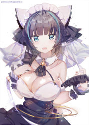 Rule 34 | 1girl, :o, animal ears, aqua eyes, aqua hair, azur lane, bad id, bad pixiv id, bare shoulders, black dress, black hair, blunt bangs, breasts, cheshire (azur lane), cleavage, dedeko, detached collar, dress, frilled cuffs, frilled hairband, frills, gold trim, hair ornament, hairband, hand on own chest, highres, large breasts, looking at viewer, maid headdress, medium hair, multicolored hair, open mouth, patreon username, ribbon, shirt, sidelocks, simple background, solo, taut clothes, taut shirt, two-tone hair, upper body, veil, white background, wrist cuffs