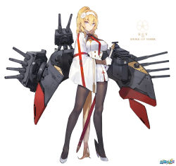 Rule 34 | 1girl, absurdly long hair, black pantyhose, blonde hair, blue eyes, breasts, duke of york (zhan jian shao nyu), full body, gloves, hairband, high heels, holding, holding sword, holding weapon, kishiyo, large breasts, long hair, looking at viewer, pantyhose, ponytail, sheath, sheathed, simple background, solo, sword, turret, very long hair, warship girls r, weapon, white background, white gloves